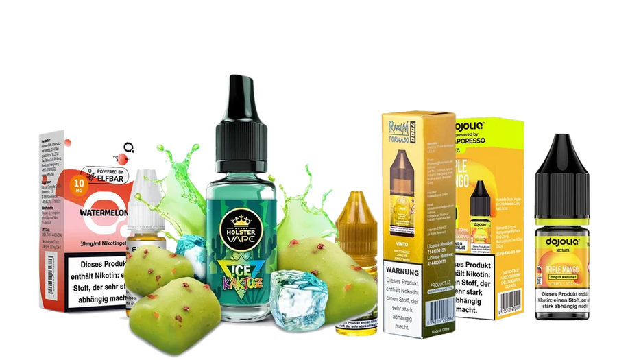 Liquids 10 ml: Holster Ice Kaktuz, Elfliq Watermelon, RandM Tornado Vimto und Dojoliq Triple Mango