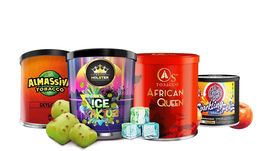Shisha-Tabak 200 g: Holster Ice Kaktuz, Al Massiva Skylines, Os Tobacco African Queen und 187 Sparkling Peaz