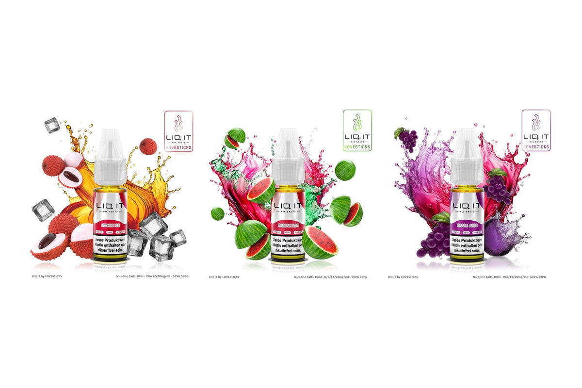 LIQ IT Liquids Sorten Lychee Ice, Watermelon und Grape Juice auf weißem Hintergrund