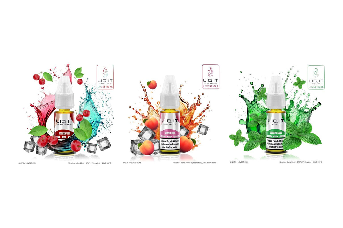 Mehrere LIQ IT Liquid-Sorten nebeneinander auf weißem Hintergrund