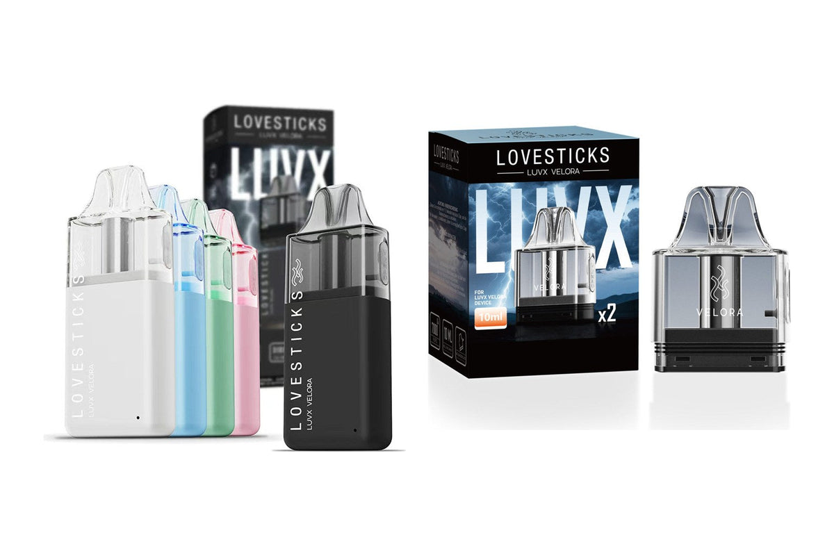 LUVX Velora Pod-Kit in fünf Farben und Velora Ersatz-Pods auf weißem Hintergrund