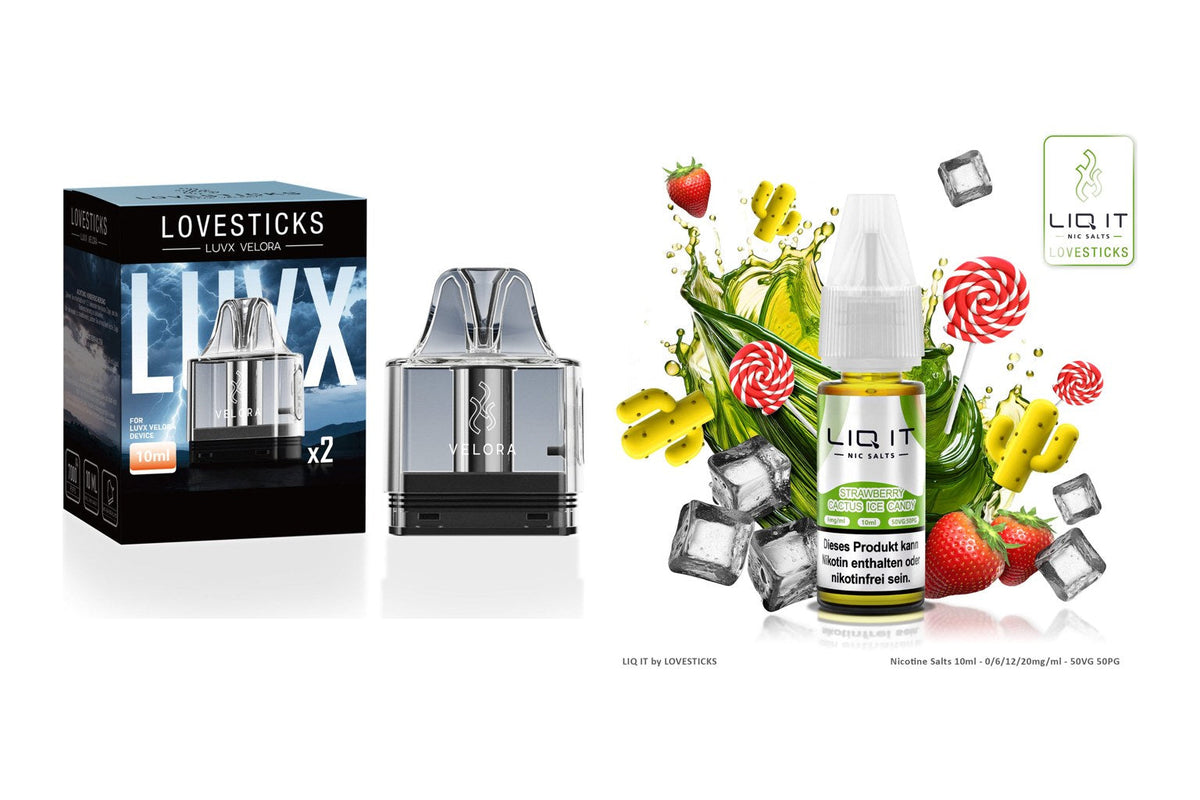LUVX Velora Leer Pods und eine LIQ IT Liquidflasche auf weißem Hintergrund