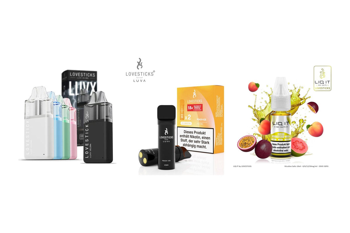 LUVX Velora Pod-Kit, LUVA Pods und LIQ IT Liquid auf weißem Hintergrund