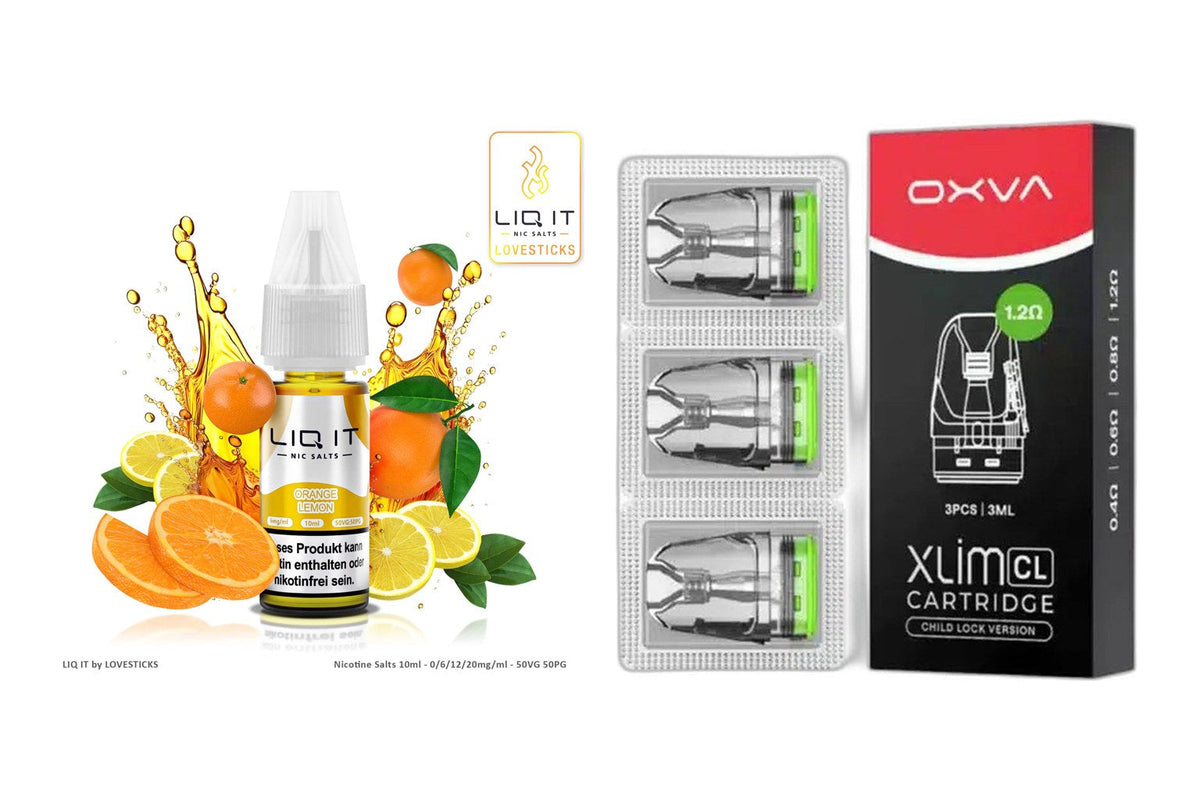 10-ml-Liquidflasche und Refill-Pods auf weißem Hintergrund